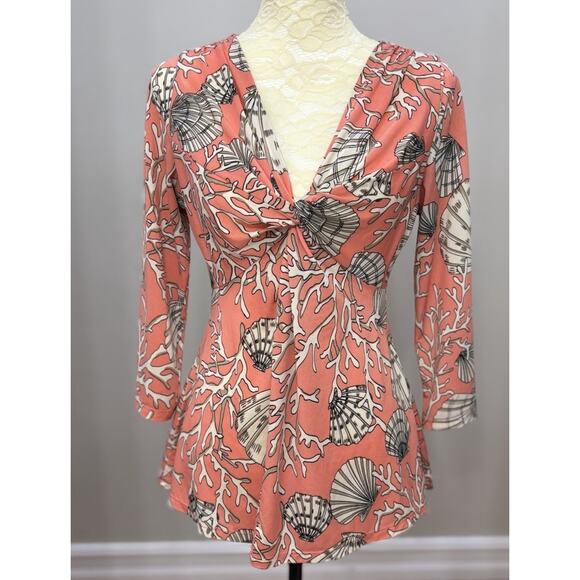 Boston Proper Coral Beach Seashell Print 3/4 Sleeves V-Neck Ruched Top Size 5 - Picture 1 of 14